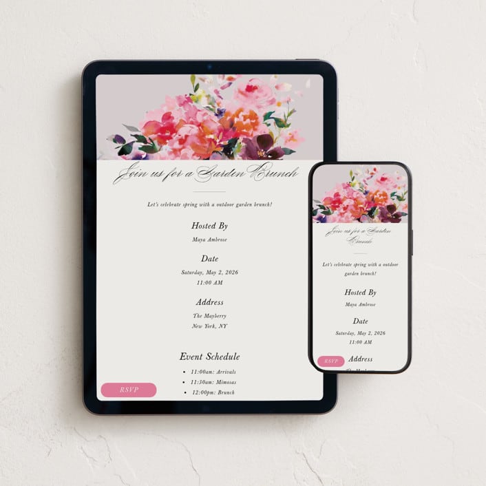 "floral party" - Online Dinner and Cocktail Party Invitations in Rose by Lori Wemple - Mobile + desktop layout