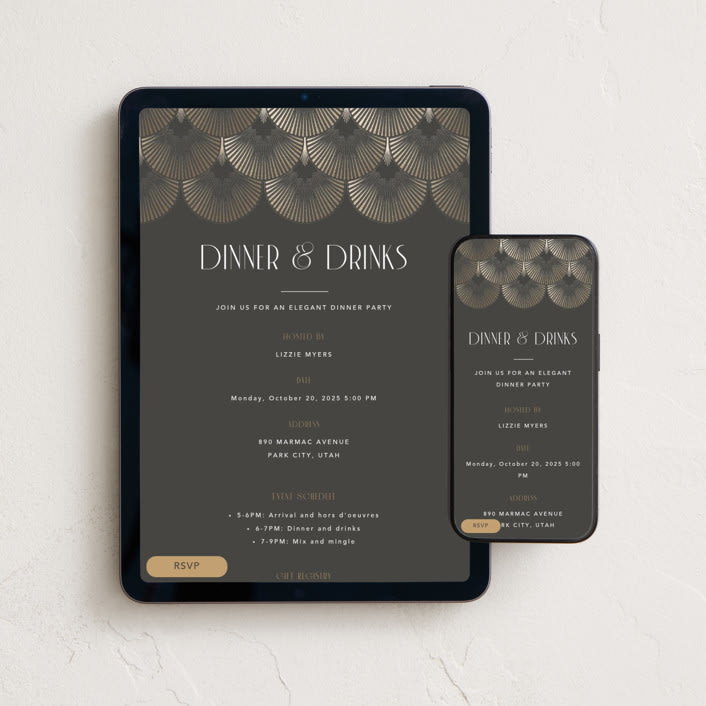 "Deco Drinks" - Online Dinner and Cocktail Party Invitations in Charcoal by Robert and Stella - Mobile + desktop layout