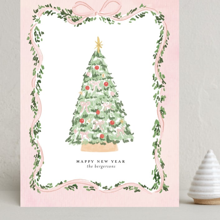 "Vintage Bow Tree" - Holiday Cards in Blush by Itsy Belle Studio - Front