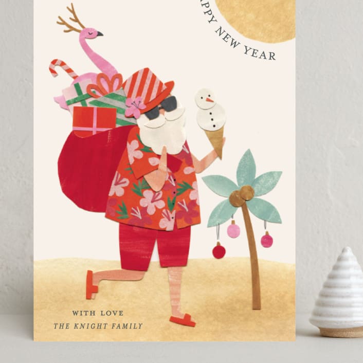 "Beach Santa" - Holiday Cards in Hibiscus by Sarah Knight - Front