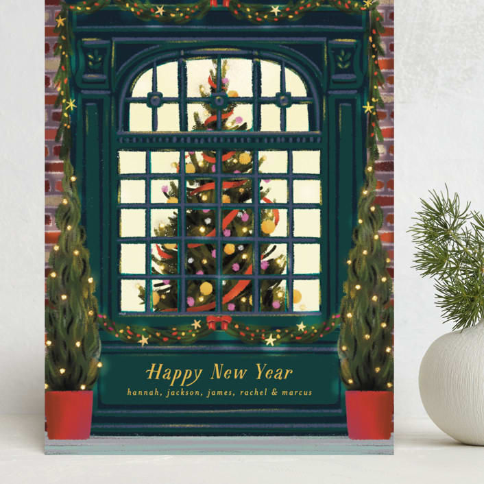 "Christmas Window" - Holiday Cards in Dark Turquoise by Becky Nimoy - Front