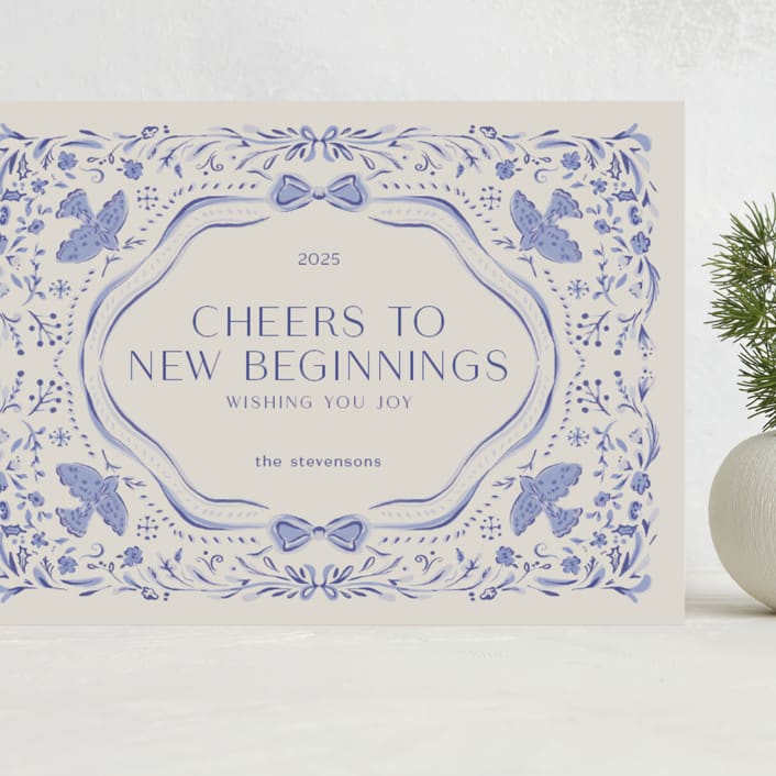 "Painterly Ceramic Border" - Holiday Cards in Winter Sky by Lucrecia Caporale - Front