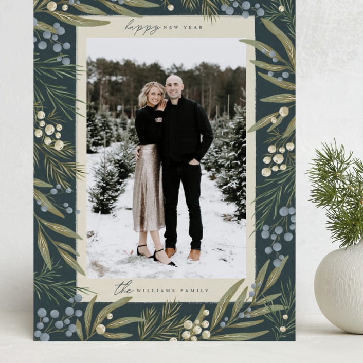 "Mistletoe + Holly" - Holiday Cards in Juniper by Wildfield Paper Co - Front