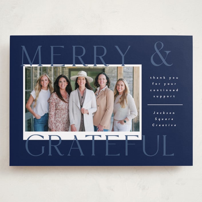"Joyful and Grateful" - Holiday Cards in Deep Sea by Corinne Malesic - Front
