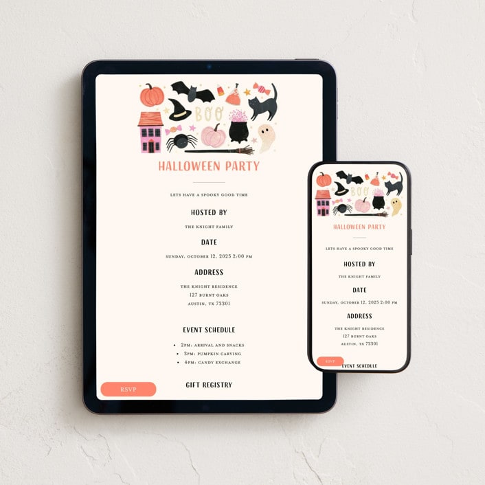"Boo to you" - Online Holiday Party Invitations in Liquorice by Sarah Knight - Mobile + desktop layout