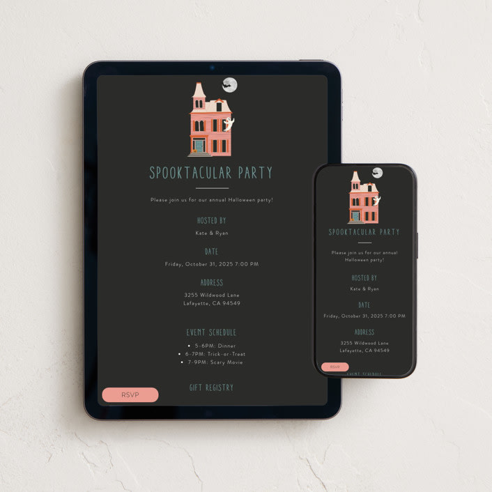 "Haunted House" - Online Holiday Party Invitations in Cotton Candy by Morgan Kendall - Mobile + desktop layout