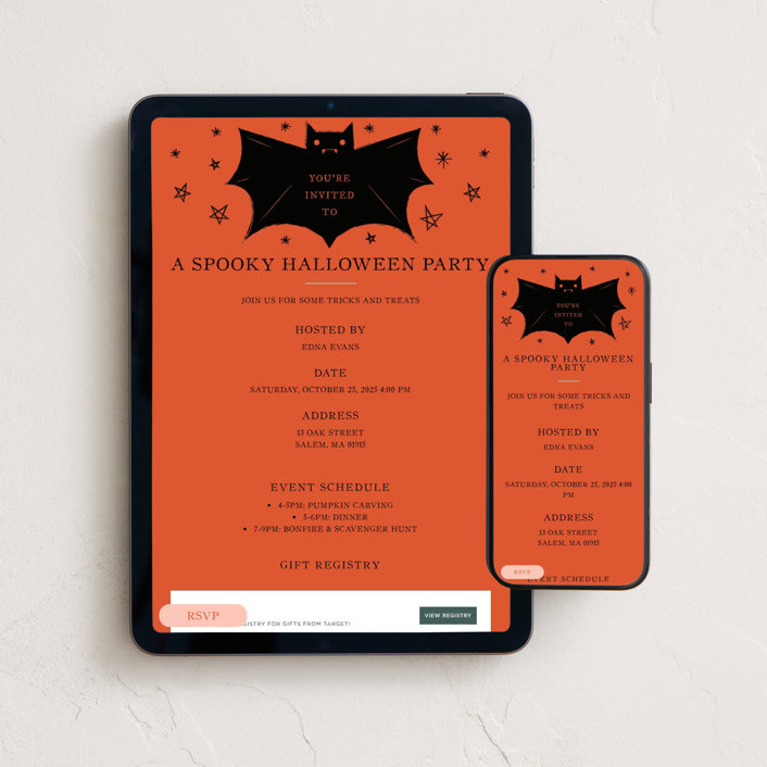 "Spooky Bat" - Online Holiday Party Invitations in Blood Orange by Ani Somi - Mobile + desktop layout