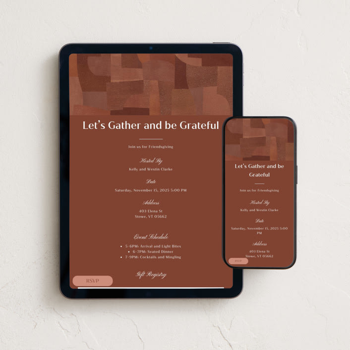 "Grateful Gather" - Online Holiday Party Invitations in Pumpkin Spice by Kelly Williams - Mobile + desktop layout