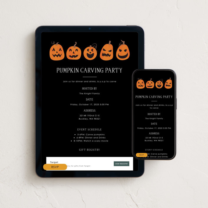 "Pumpkin Halloween" - Online Holiday Party Invitations in Midnight by Angela Garrick - Mobile + desktop layout