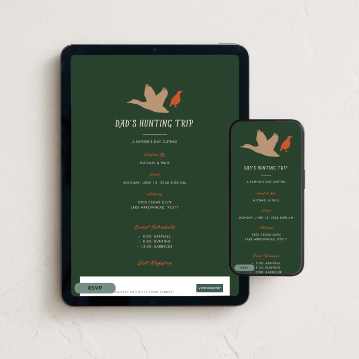 "Hunting Trip" - Online Holiday Party Invitations in Forest Green by Becky Nimoy - Mobile + desktop layout