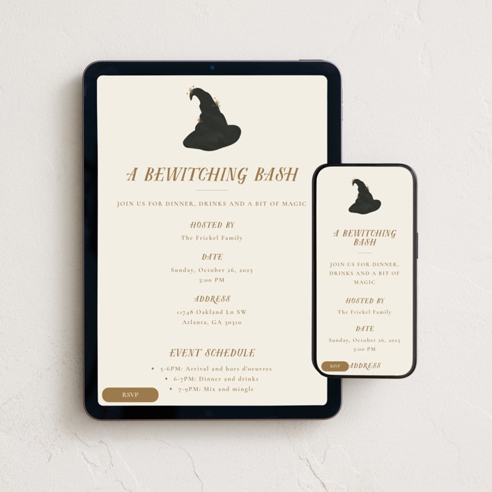 "Bewitching bash" - Online Holiday Party Invitations in Golden by Angela Garrick - Mobile + desktop layout