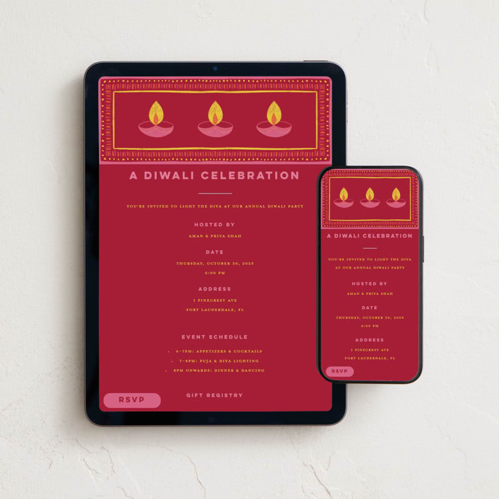 "A Diwali Celebration" - Online Holiday Party Invitations in Maroon by Madhvi Samimi - Mobile + desktop layout