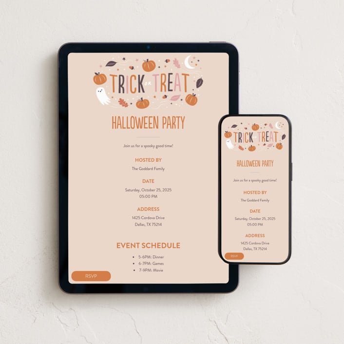 "Trick or Treat" - Online Holiday Party Invitations in Dusty Pink by Susan Asbill - Mobile + desktop layout