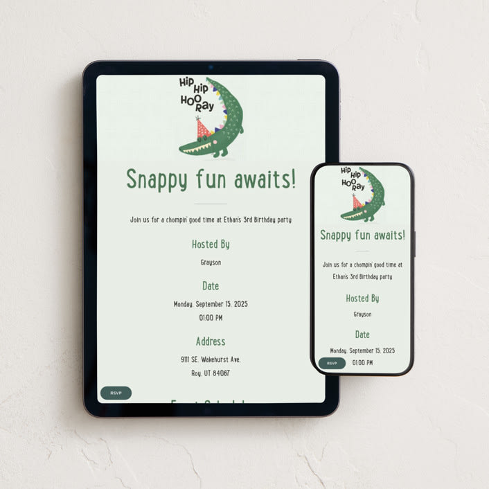 "Party Croc" - Online Kids Birthday Invitations in Forest by Vera Lim - Mobile + desktop layout