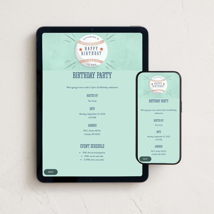 "Baseball Birthday" - Online Kids Birthday Invitations in Sky by Robert and Stella - Mobile + desktop layout