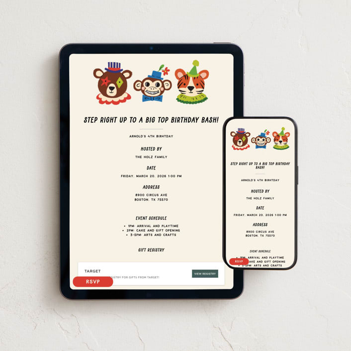 "A Birthday Circus" - Online Kids Birthday Invitations in Bold by Namibear Art Studio - Mobile + desktop layout