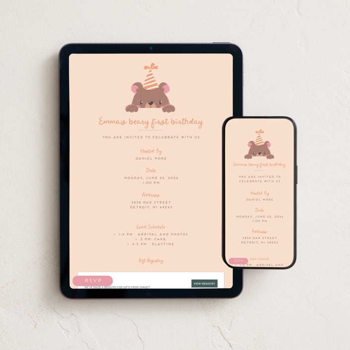 "Peeking Bear" - Online Kids Birthday Invitations in Creme by ByDerowen - Mobile + desktop layout