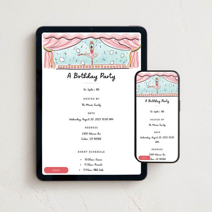 "Ballerina On Stage" - Online Kids Birthday Invitations in White by Becky Nimoy - Mobile + desktop layout