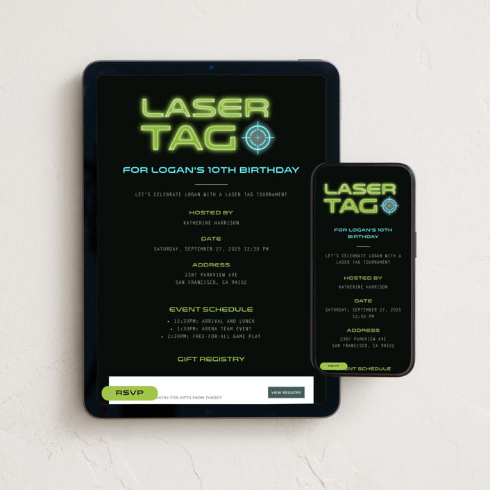 "Laser Tag Party Invitation" - Online Kids Birthday Invitations in Galaxy by Stacy Maalouf - Mobile + desktop layout