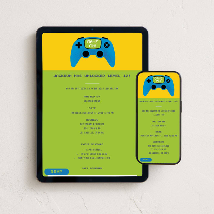 "Game On" - Online Kids Birthday Invitations in Pool by Claudia Orengo - Mobile + desktop layout