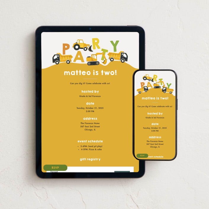 "Dig It" - Online Kids Birthday Invitations in Construction Yellow by Snow and Ivy - Mobile + desktop layout