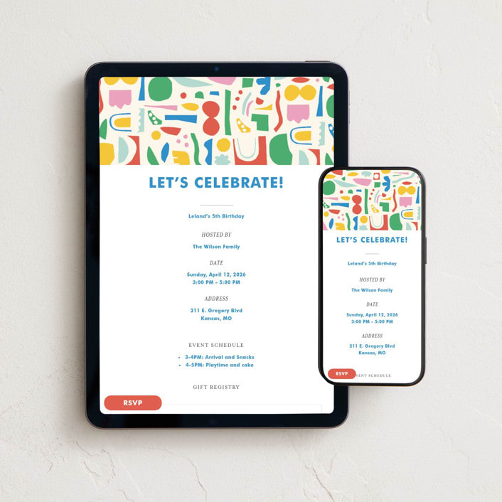 "Let's Celebrate Shapes" - Online Kids Birthday Invitations in Clay by Ampersand Design Studio - Mobile + desktop layout