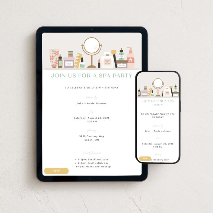"Spa Day Party" - Online Kids Birthday Invitations in Sage by Michelle Taylor - Mobile + desktop layout