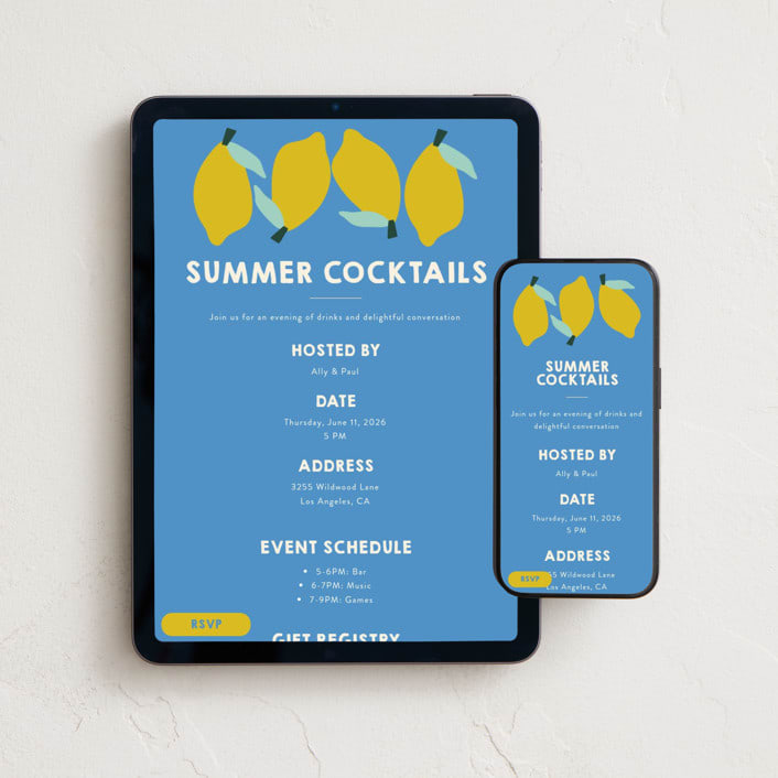 "Limoncello" - Online Party Invitations in Sky by Morgan Kendall - Mobile + desktop layout