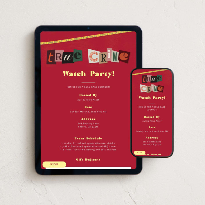 "true crime" - Online Party Invitations in Blood by Deborah Chou - Mobile + desktop layout
