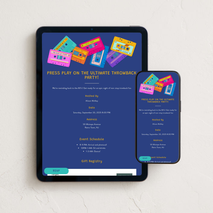 "Back to the 80s mixtape" - Online Party Invitations in Electric Indigo by Elisa Lara Campos - Mobile + desktop layout