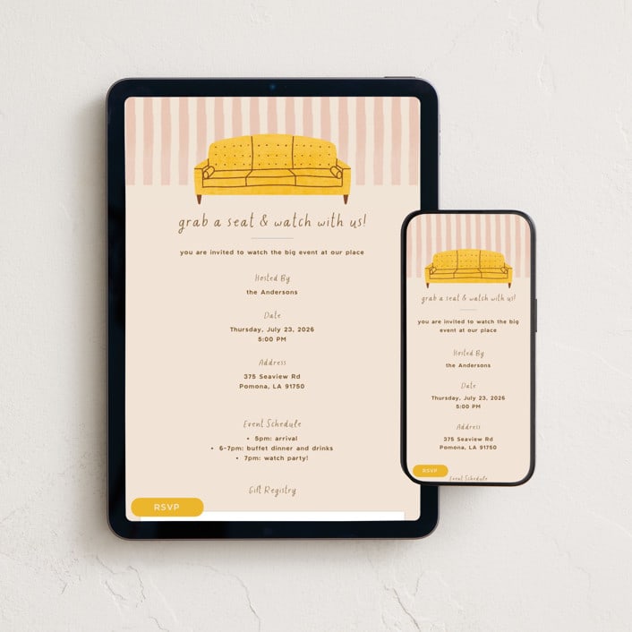 "Sofa" - Online Party Invitations in Lemon by Claudia Orengo - Mobile + desktop layout
