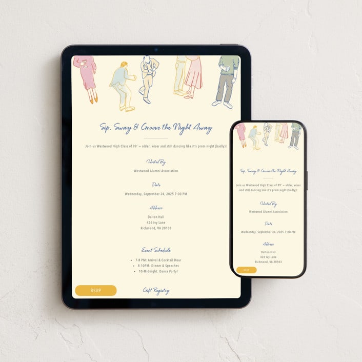 "Sip, Sway, Groove the Night Away!" - Online Party Invitations in Ivory by Sarah Rosenthal - Mobile + desktop layout