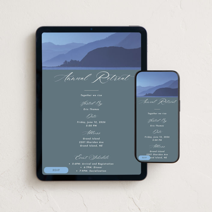 "Retreat" - Online Party Invitations in Cool by Alaric Yanos - Mobile + desktop layout