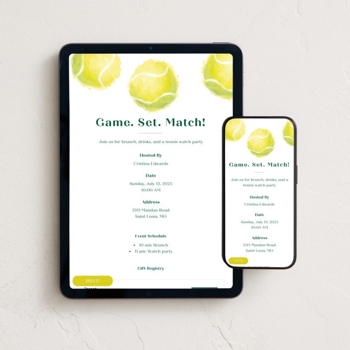 "Painted Tennis Party" - Online Party Invitations in Sunshine by Holly Whitcomb - Mobile + desktop layout