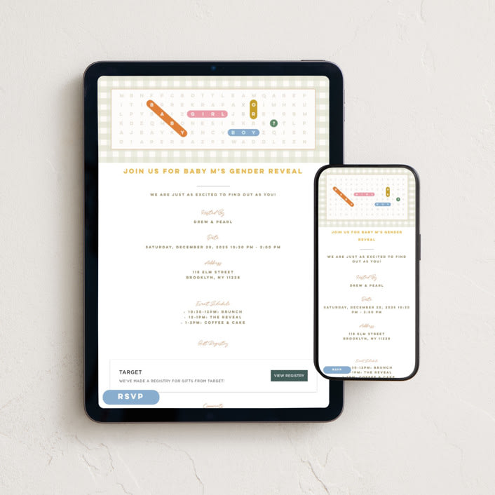 "What will baby be?" - Online Party Invitations in Bubblegum by A Brush With Mel - Mobile + desktop layout