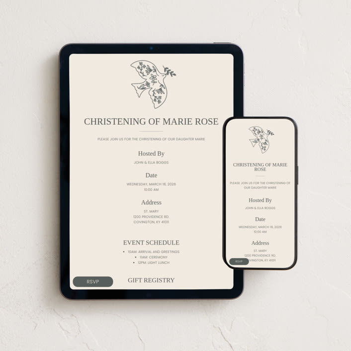 "Floral dove with twig" - Online Religious Milestone Invitations in Sand by Sabrina Niehaus - Mobile + desktop layout
