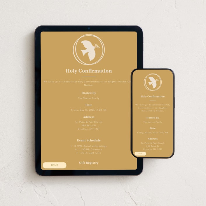 "Holy Confirmation Dove" - Online Religious Milestone Invitations in Butterscotch by Sabrina Niehaus - Mobile + desktop layout