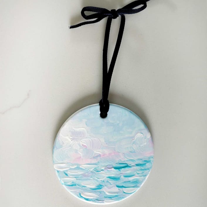 "Hand-Painted Ceramic Porcelain Ornament, Aqua, White & Blush" - Ornaments in blue by Nicoletta Savod