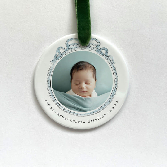 "Personalized Baby Photo Ornament - Vintage Ribbon" - Ornaments in white by Holly Whitcomb