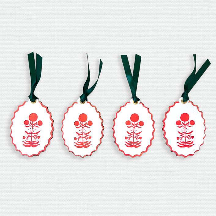 "Paper Cut Out Hand Painted in Vibrant Coral Block Print Ornaments - Set of 4" - Ornaments in multicolor by Lottie Aldarwish