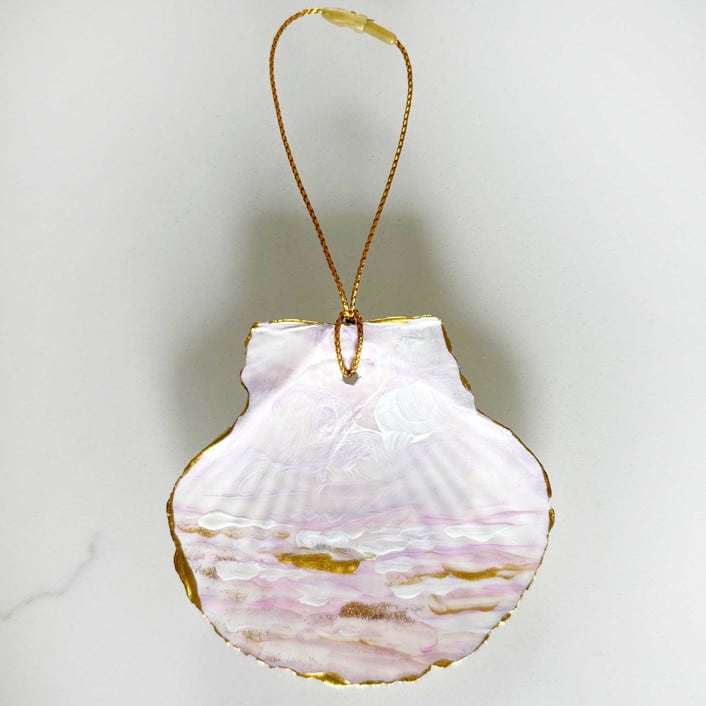 "Hand-Painted Natural Seashell Ornament, Soft Pink, White & Gold" - Ornaments in pink by Nicoletta Savod
