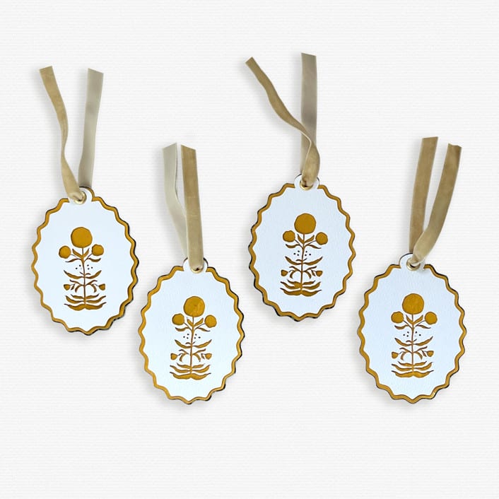 "Paper Cut Out Hand Painted Ochre Block Print Ornaments - Set of 4" - Ornaments in yellow by Lottie Aldarwish