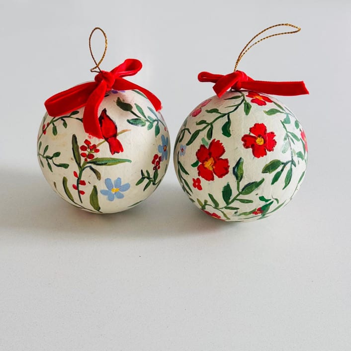 "Hand-Painted Botanical Christmas Ornaments on off white Background – Set of 2" - Ornaments in red by Arohika Verma