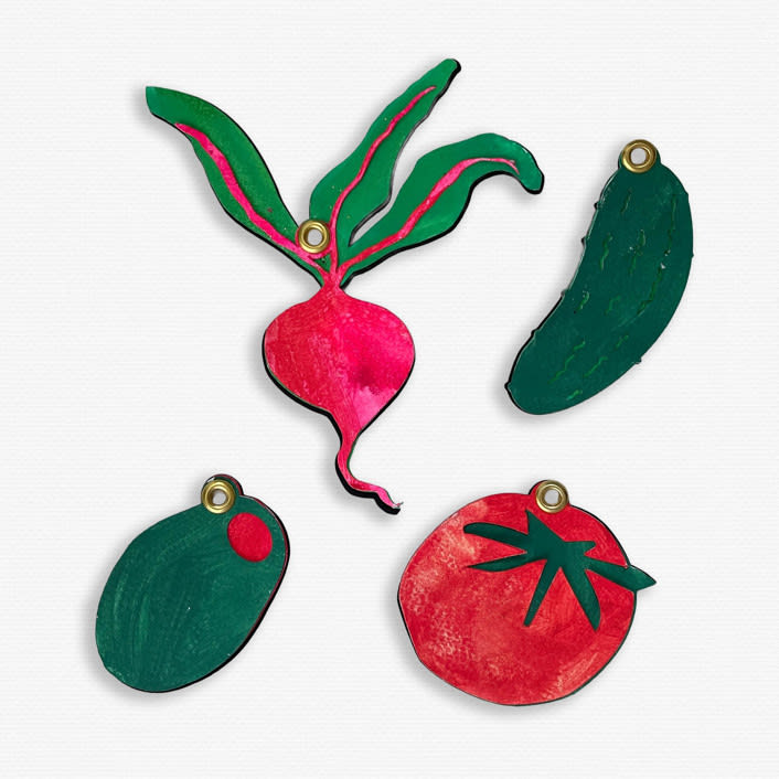 "Paper Cut Out Handpainted Vegetable Ornaments - Set of 4" - Ornaments in multicolor by Lottie Aldarwish
