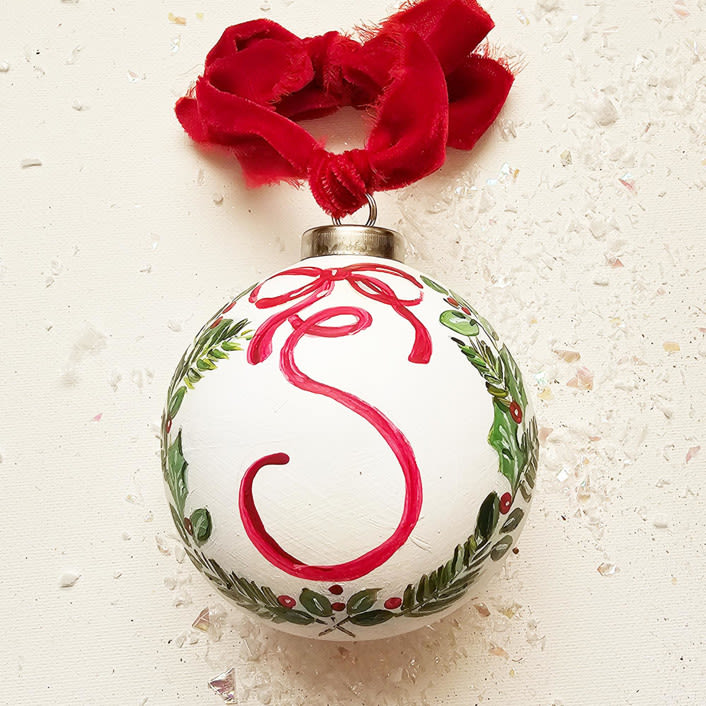"Personalized  Botanical Wreath Ceramic Ornament/ 3.5"" - Ornaments in green by AlisonJerry