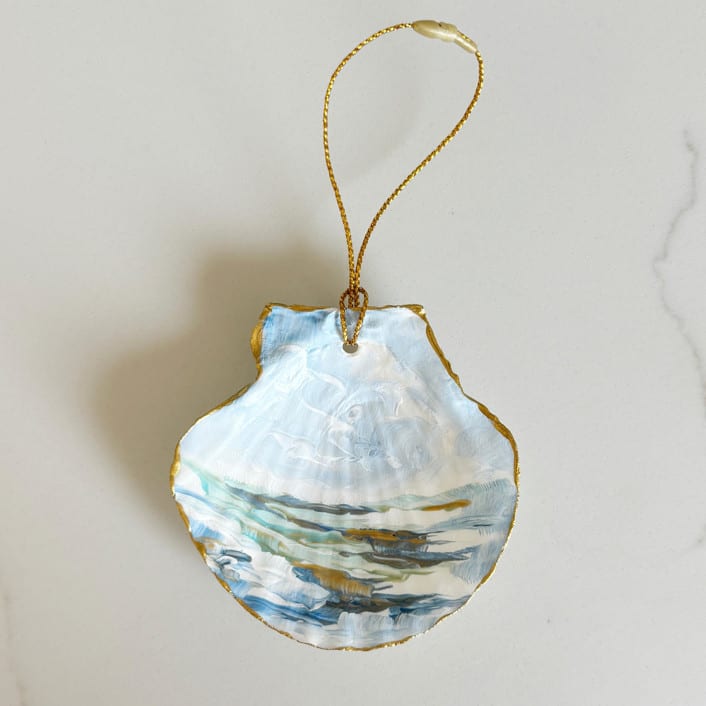 "Hand-Painted Natural Seashell Ornament, Azure, White & Gold" - Ornaments in blue by Nicoletta Savod