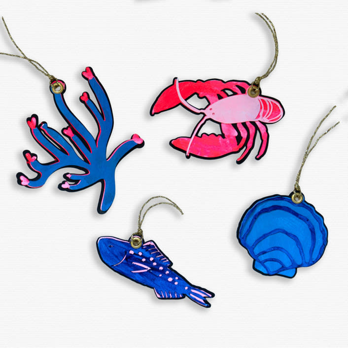 "Paper Cut Out Hand Painted Coastal Ornaments - Set of 4" - Ornaments in multicolor by Lottie Aldarwish