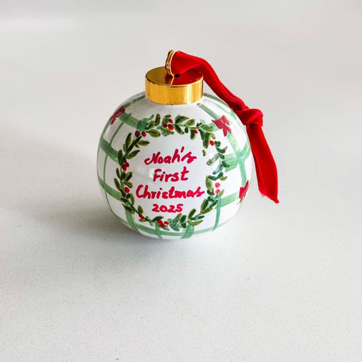 "Personalized Hand-Painted “Baby’s First Christmas” Ornament – Red and Green Holiday Design" - Ornaments in green by Arohika Verma