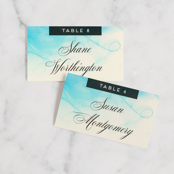 "Ombio" - Place Cards in Aqua by GeekInk Design - Front with Free Guest Printing