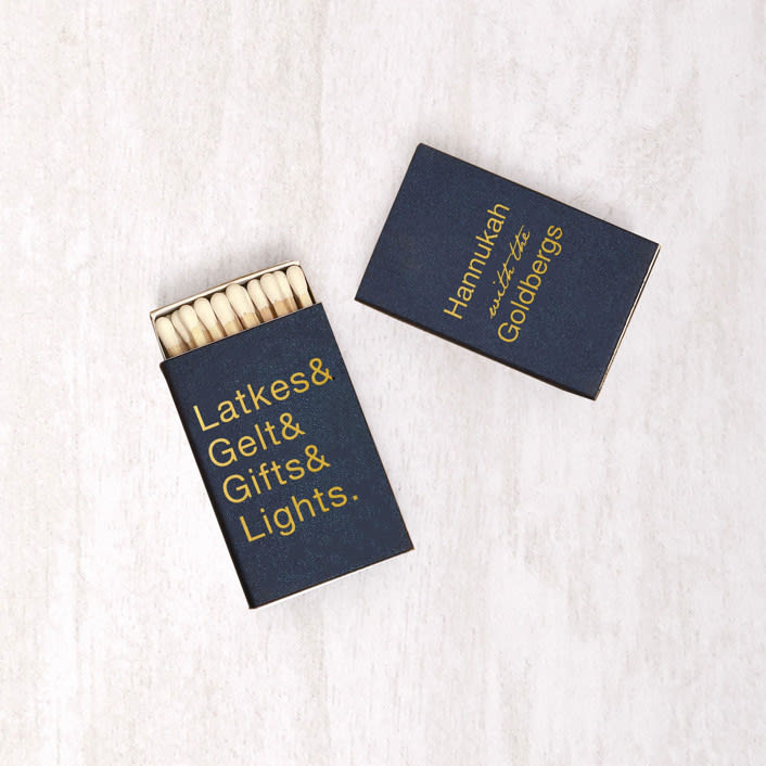"Custom Latkes & Gelt & Gifts & Lights Matchbox, set of 100" - Party Matches and Matchbooks in blue by ForYourParty
